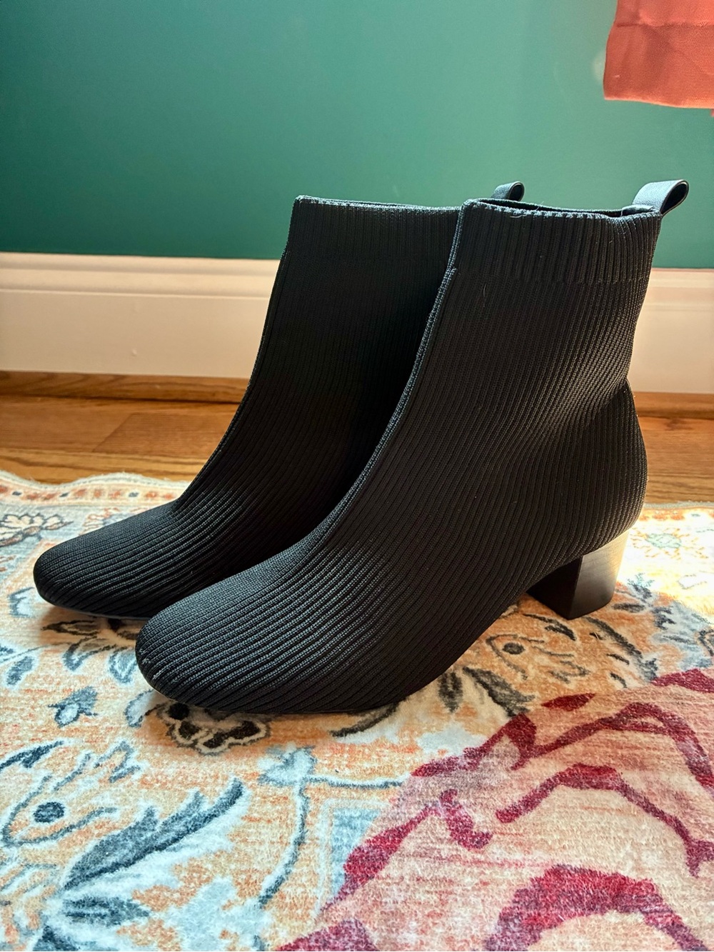Women's Black Rib-Knit Sock Ankle Boots - Stretch Comfort Heel
